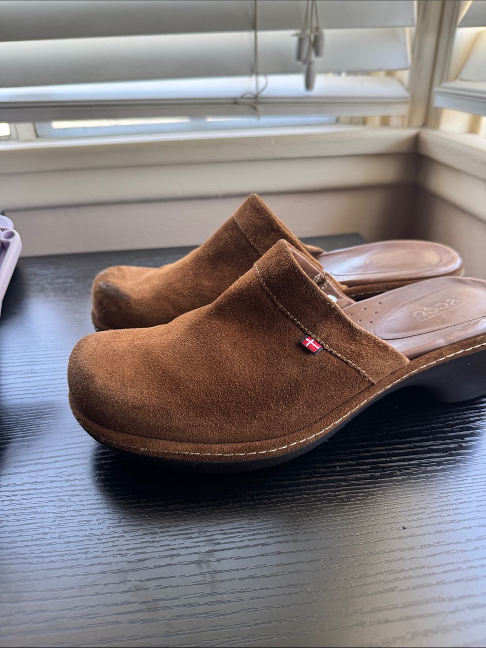 Ecco Brown Suede Clog Mules with Small Flag Detail